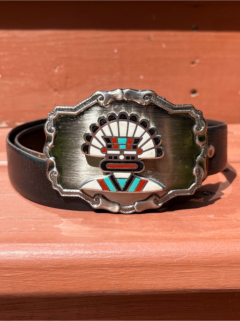 90s Boho Western Native American Chief Inlay Leather Belt Black Size 32 Chrome